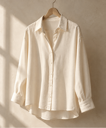 Cream relaxed blouse on a wooden hanger, from the approved design